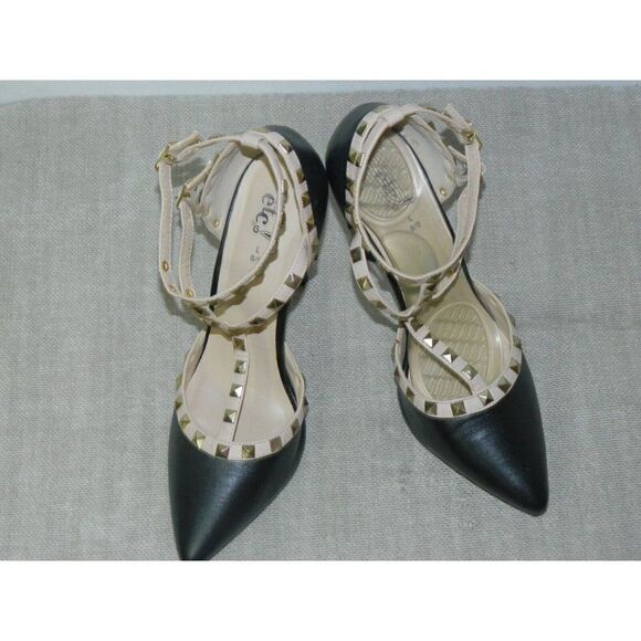RUE 21 ETC Pointed Stiletto‎ STRAPPY Heels Black Tan Studded Size 8/9 - Picture 5 of 7